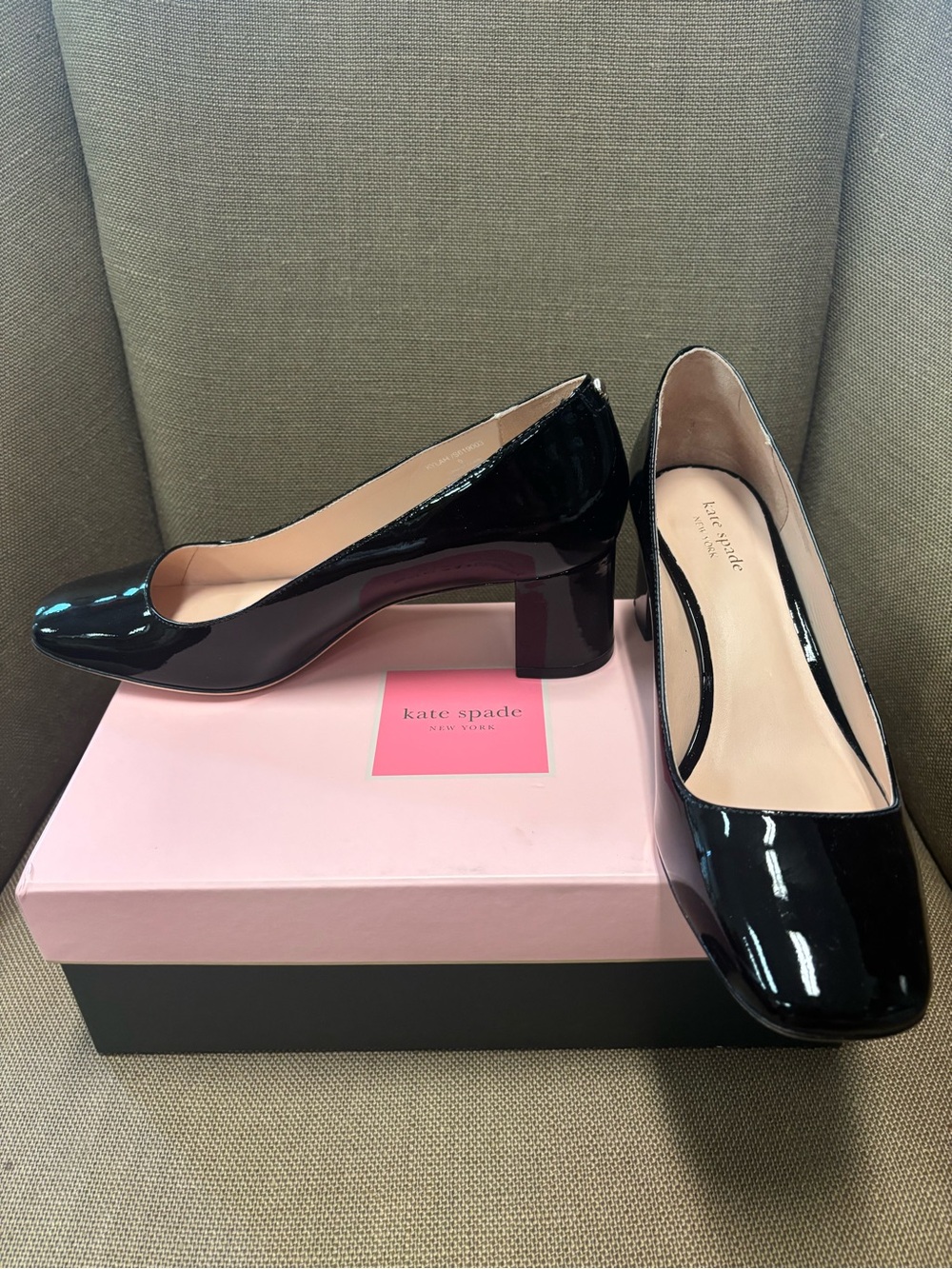 kate spade Black Patent Block Heel Pumps with Round Toe